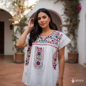 Mexican Embroidered Blouse – Handmade Otomi Floral  Design XLARGE